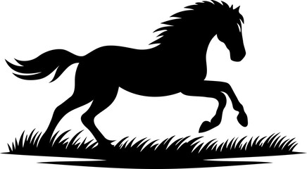 Minimalist illustration of a wild horse running in a field, silhouette style, indicating freedom. rural symbol.