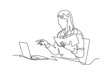 Student learning concept. Single line draw design vector graphic illustration.