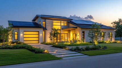 Fototapeta premium A high-tech smart home featuring solar panels, energy-efficient windows, and a sleek, streamlined design. The exterior combines metal and stone, complemented by a well-manicured lawn and automated lig