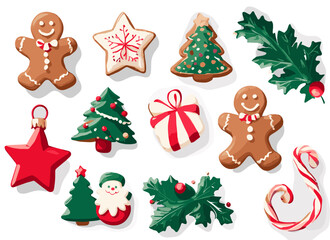 Christmas sticker set featuring hand-drawn icons: Gingerbread Men, Trees, Candy Canes, Holly, and Gifts for Crafts