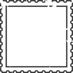 Close up of a blank, rectangular postage stamp featuring a simple border and serrated edge, providing a clean white space for customization