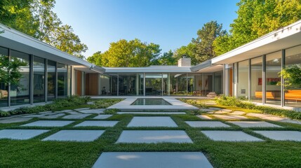 A spacious U-shaped home featuring a central courtyard that is visible from the exterior, with glass walls on either side that create an open atmosphere. The property is surrounded by a combination of
