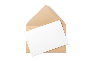 Opened brown envelope mockup with blank paper isolated on a transparent background, PNG. High resolution. 