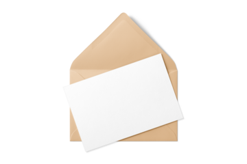 Opened brown envelope mockup with blank paper isolated on a transparent background, PNG. High resolution. 