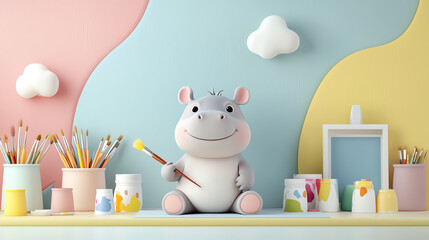A charming baby hippo artist captivatingly smirks while holding a paintbrush amidst colorful art supplies