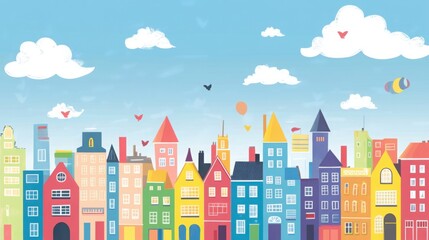 Minimalistic 2D cartoon cityscape, vibrant colors with simple buildings, blue sky, a few clouds