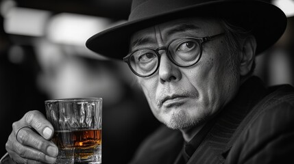 Man in a hat, glasses is holding a glass of whiskey. The image has a moody and mysterious feel to it. Middle-aged Japanese man, sipping whiskey slowly, slightly drunk, stylish in monochrome clothing