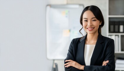 Confident businesswoman in a suit, smiling and looking directly at the camera