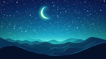 Obraz premium Minimalistic 2D night sky background with stars, a crescent moon, and rolling hills in silhouette