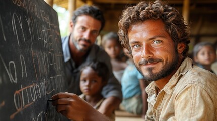 Fototapeta premium Man Writing on a Chalkboard with Children Watching