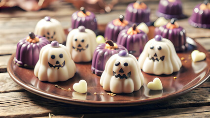 Fototapeta premium Halloween Candy Cups with Pumpkin and Ghost Toppers. Perfect for: Halloween, Kids' Events, Party