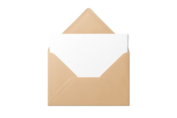 Opened brown envelope mockup with blank paper isolated on a transparent background, PNG. High...