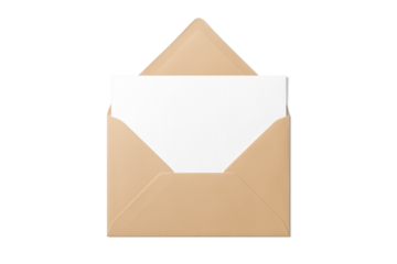 Opened brown envelope mockup with blank paper isolated on a transparent background, PNG. High resolution. 
