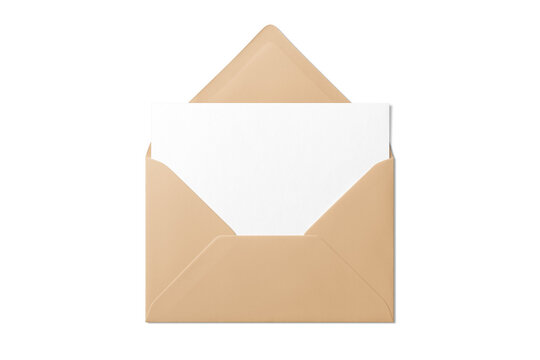 Opened brown envelope mockup with blank paper isolated on a transparent background, PNG. High resolution. 