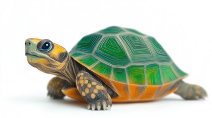 Obraz premium A small turtle with a green shell and a yellow head and legs, isolated on a white background.