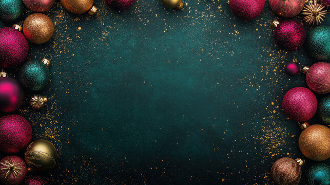 Elegant Christmas baubles with gold and red decor creating a festive frame.