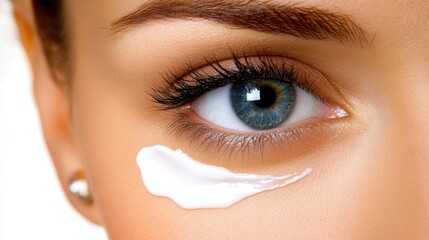 Close-up of an Asian woman's eye with cream application
