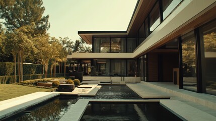 Fototapeta premium A luxurious, cube-like villa with a rooftop terrace, expansive glass windows, and a small pond at the entrance. The house has dark wood siding that contrasts with light stone pathways.