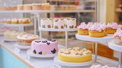 A pet-friendly bakery offering custom cakes for dogs, decorated with pet-safe frosting and shaped like bones and paw prints, in a cute, playful setting