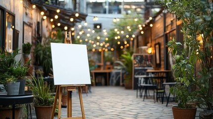 Blank Canvas in a Cozy Outdoor Cafe: A blank canvas easel stands prominently in the foreground, ready to be filled with your message or artwork.