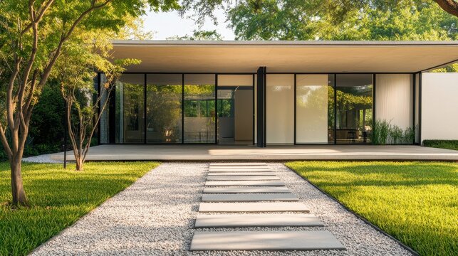 A minimalist house with a flat roof, large glass walls, and a smooth concrete exterior. The front yard has small trees, gravel, and a stepping-stone path leading to the entrance.