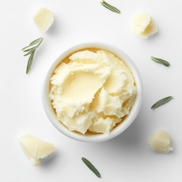 realistic photo of organic shea butter on white background, top view