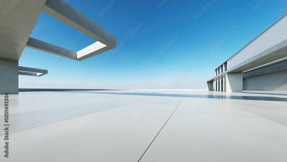 Aufkleber 3d render of abstract modern concrete white architecture with empty cement floor, minimal exterior, 
