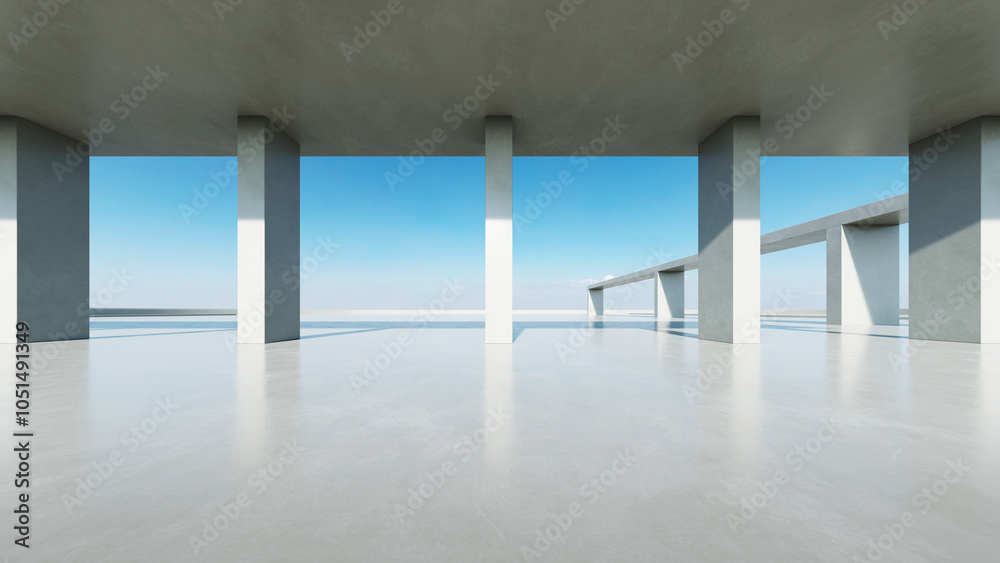 Aufkleber 3d render of abstract modern concrete white architecture with empty cement floor, minimal exterior, 