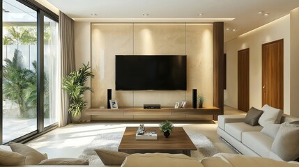 Fototapeta premium Modern living room setup with TV and varied perspectives.