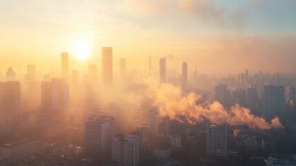 Fototapeta premium A cityscape with visible smog caused by greenhouse gas pollution, where car exhaust and factory emissions contribute to poor air quality and climate change