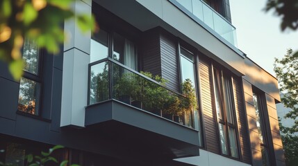 A modern urban townhouse with a compact design, featuring black-framed windows, dark gray siding, and a balcony with a metal railing. Potted plants and vertical greenery add a touch of nature.