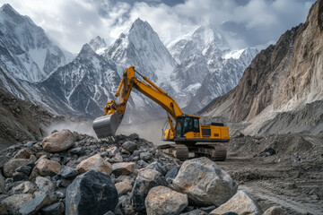 An excavator works tirelessly in a mountainous landscape, carving its path through rocky terrain under a clear blue sky, illustrating the blend of human engineering and natural beauty