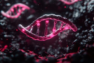 Glowing DNA helix floating in a dark, abstract background with bokeh lights, modern genetic research, advanced science illustration
