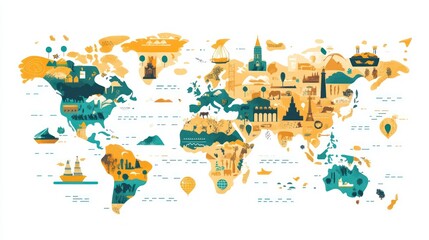 Obraz premium A map showing regional awareness days across different continents, featuring days like 'European Heritage Days' and 'Africa Environment Day,' with cultural symbols