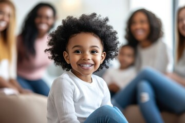 A young child with one ear noticeably smaller or missing, smiling confidently, surrounded by supportive family and friends, symbolizing acceptance and awareness of microtia