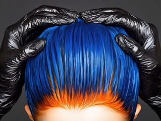 Hairdresser applying vivid blue dye with orange highlights, close-up of gloved hands, artistic hair coloring, edgy fashion-forward style