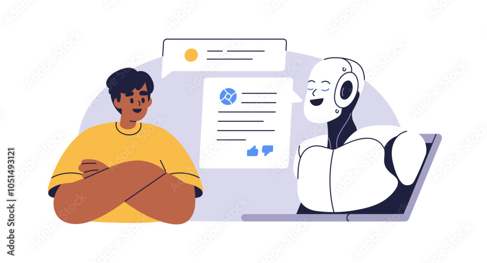 Poster AI chatbot and human conversation. Communication technology concept. Artificial intelligence, robot assistant service, support. Digital chat bot. Flat vector illustration isolated on white background