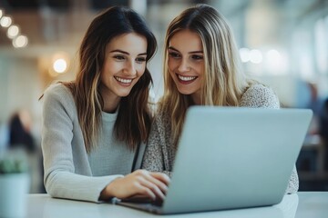 Two young businesswomen using a laptop together in an office, Generative AI