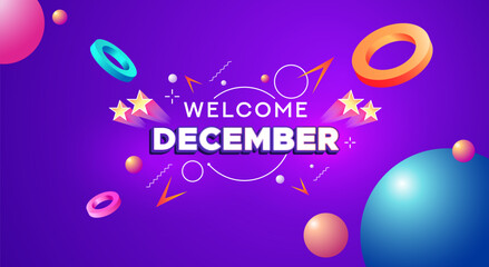 Background design template welcoming December, the last month. Background
bright purple gradations with 3D circle and other abstract elements. A lively end of year celebration