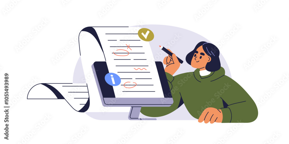 Aufkleber Grammar check and text errors concept. Editor reviewing, editing mistakes in document on computer screen. Spelling improvement in writing. Flat graphic vector illustration isolated on white background