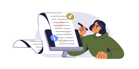 Grammar check and text errors concept. Editor reviewing, editing mistakes in document on computer screen. Spelling improvement in writing. Flat graphic vector illustration isolated on white background