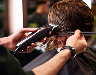 Close-up of hands using hair clippers to trim short, dark hair, with precise attention to detail in a modern salon setting.