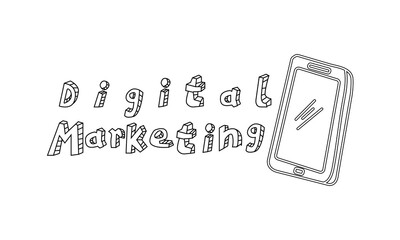 Doodle drawing of a smartphone with playful word Digital Marketing
