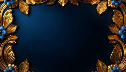 Golden Floral Frame with Blue Flowers on a Navy Blue Background