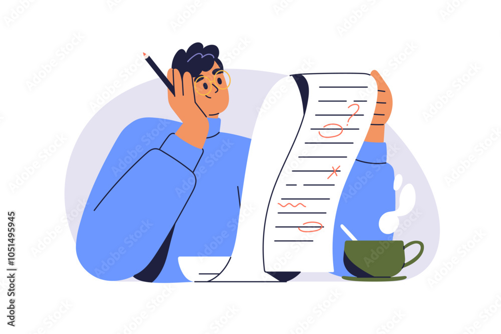 Poster grammar, spelling check process. teacher reading paper, reviewing and correcting mistakes in essay. 