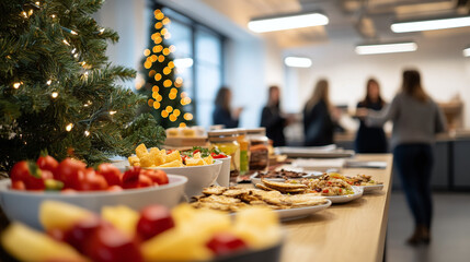 Table with different food in office against background of colleagues and decorated Christmas tree at New Year corporate party