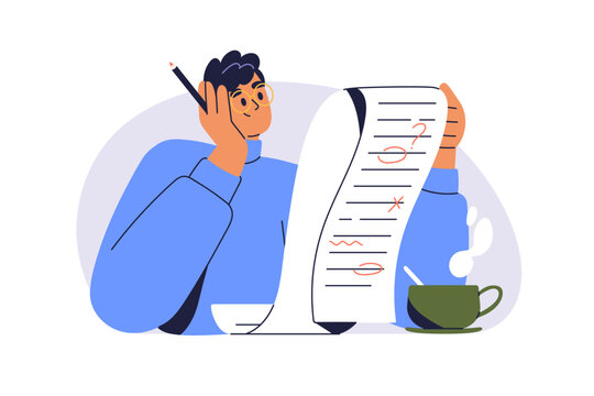 Grammar, spelling check process. Teacher reading paper, reviewing and correcting mistakes in essay. Proofreading and text improvement, correction. Flat vector illustration isolated on white background