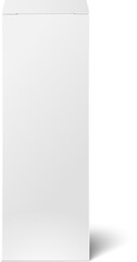 Closed white tall rectangular cardboard box packaging with its shadow on white background.