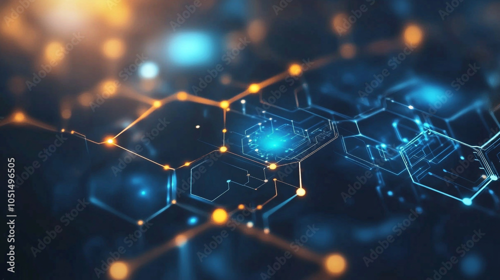 Poster abstract representation of interconnected nodes and data patterns in digital technology environment