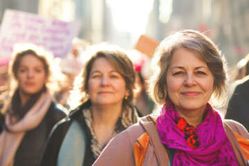 A group of women participating in an empowerment march, with a smiling woman in focus as others hold signs in the background.